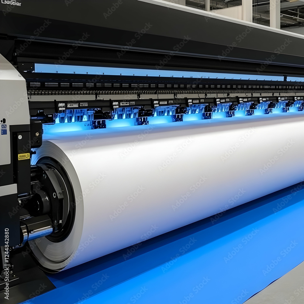 Poster large format printer processes a roll of white material in a factory setting with blue floor