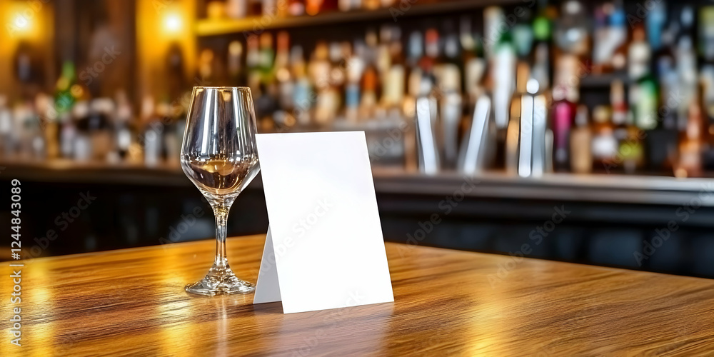 Poster empty menu card and wine glass stand on table in blurred bar background with copy space.