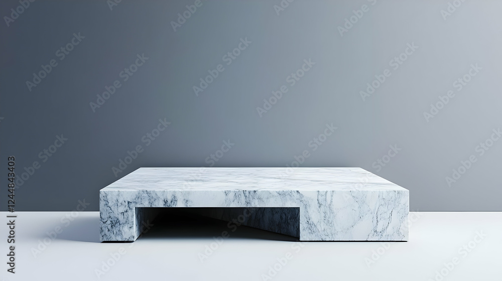 Poster empty marble product display platform stands on a white floor with gray backdrop.