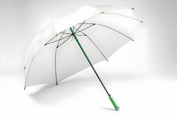 White Umbrella with Green Handle Stands Open on White Seamless Background in Photorealistic 3D Rendering
