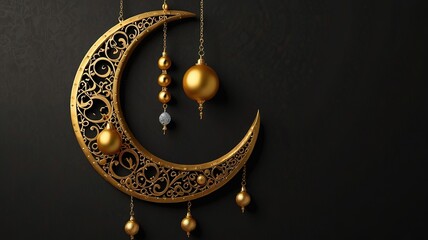 Ramadan moon decor with Islamic rosary beads and dates fruit. Background