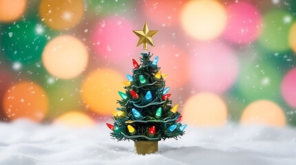 Obraz premium A miniature Christmas tree with twinkling colorful lights and a golden star, placed in a snowy setting with a blurred festive background, radiating warmth and holiday spirit