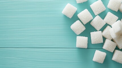 A collection of white sugar cubes scattered on a turquoise wooden surface.