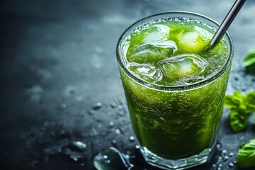 Refreshing green smoothie garnished with mint and lime