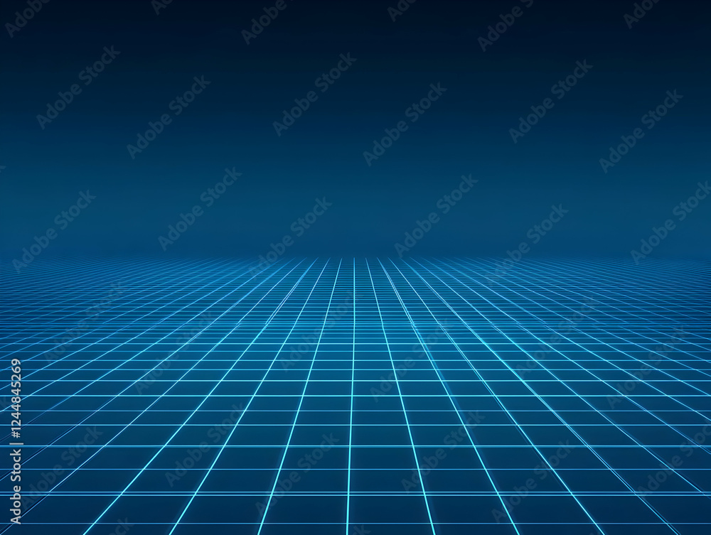 Poster blue grid background extends into the distance with a subtle perspective.
