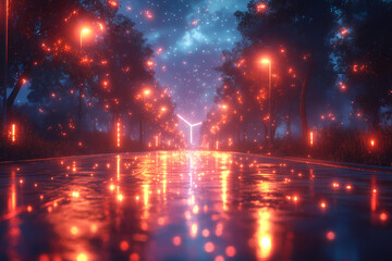 Fototapeta premium Vibrant red and orange hues illuminate the night sky, creating a cosmic fantasy with glowing stars and celestial wonders. Ideal background for mysterious and atmospheric designs