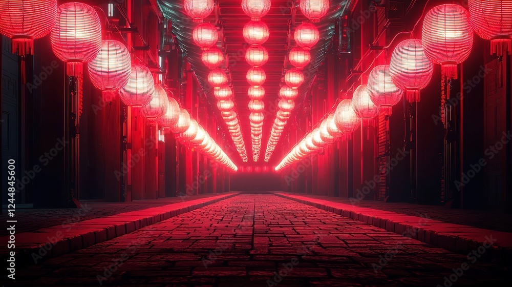Poster crimson lantern alley, an enchanting cobblestone path lined with vibrant red lanterns, evoking a sen