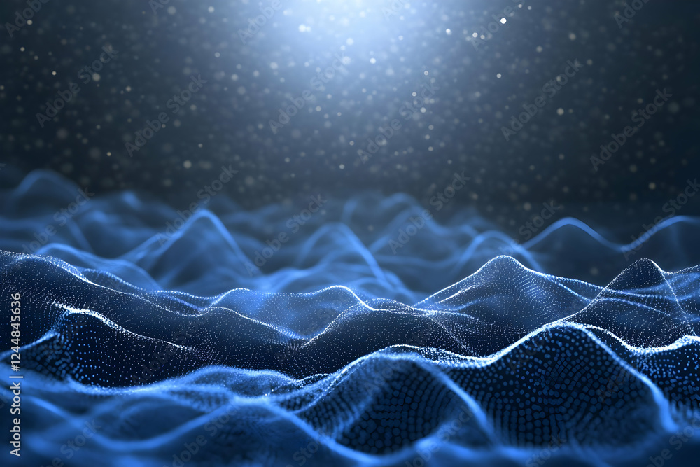 Poster abstract blue particle landscape forms rolling hills under a soft glow