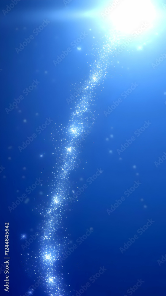 Poster Abstract Blue Background with a Stream of Sparkling Particles Gently Ascending Towards a Bright Light Source