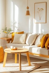 Bright and Cozy Living Room Featuring a Modern Sofa with Cushions, Wooden Table, and Natural Light Streaming Through Window, Stylish Home Decor Inspiration