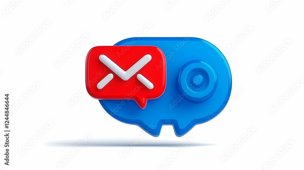 Poster 3d red notification icon shows unread mail message on blue speech bubble background