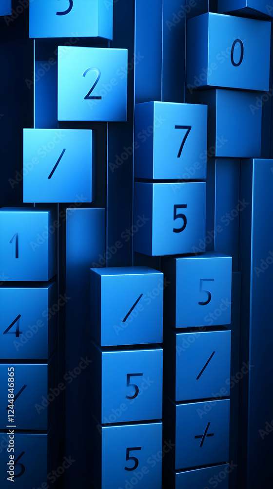 Poster blue 3d cubes display numbers and symbols creates an abstract background illustration.