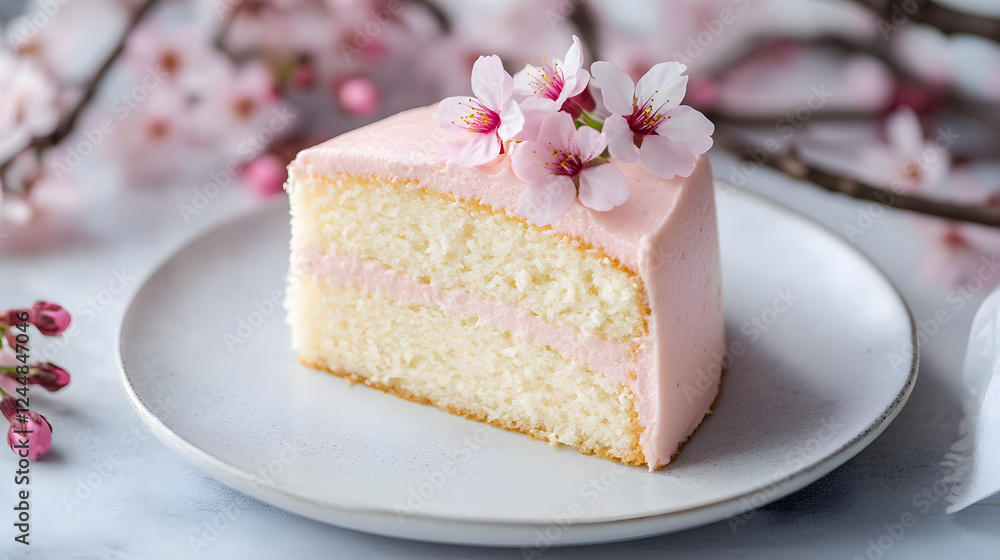 Poster a slice of sakura chiffon cake placed on a minimalist white plate with a sakura branch