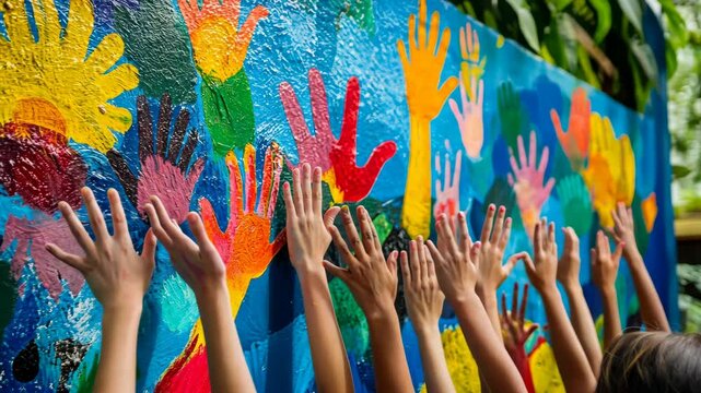 Vibrant hands reach for colorful wall mural celebrating unity and creativity