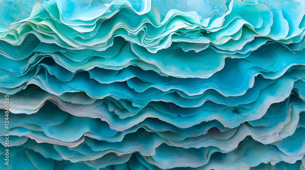 Poster abstract background with wavy layers of blue and green paper in serene ocean pattern.