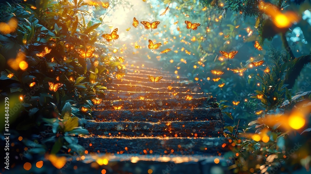 Poster firefly-kissed hidden steps, an ancient stone staircase softly illuminated by fireflies at dusk, set