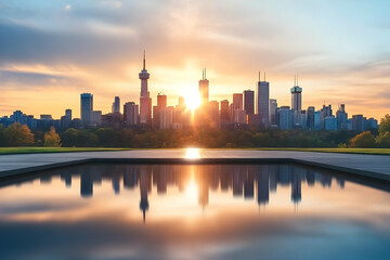 Naklejka premium Cityscape Reflects in Calm Water at Sunset with Dramatic Sky, showcasing modern urban architecture beautifully.