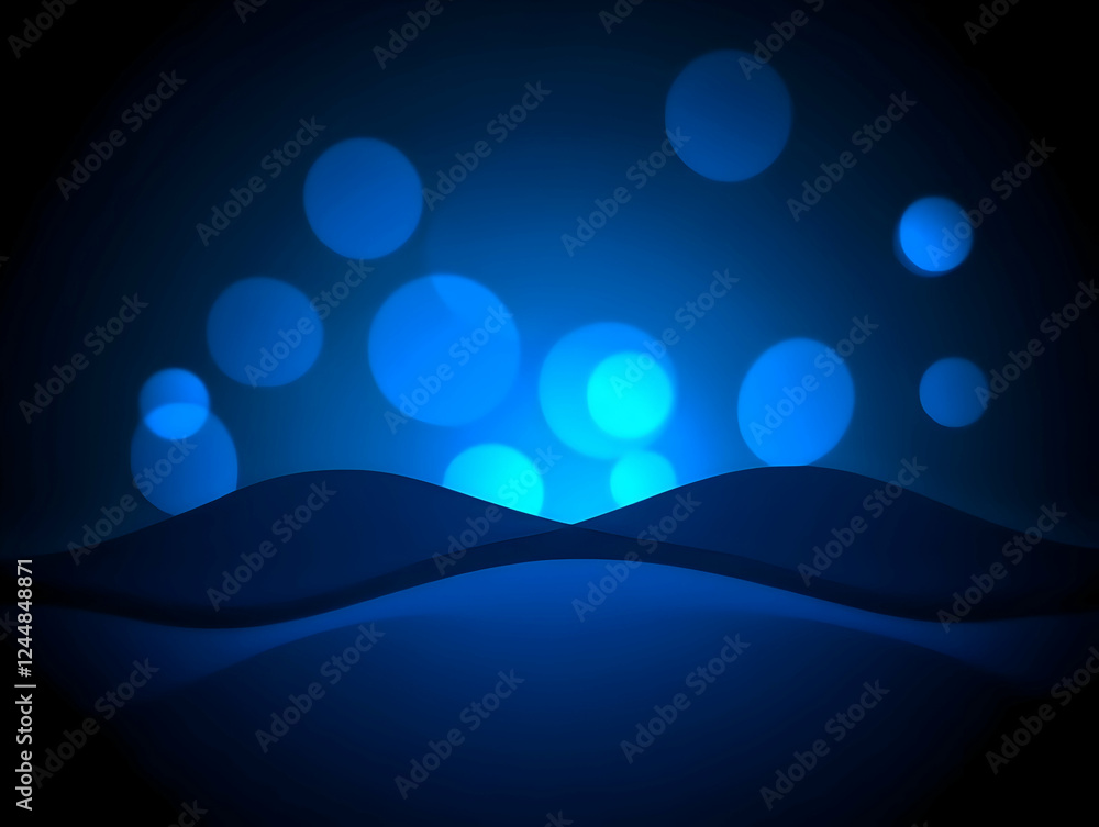 Poster abstract blue background with bokeh lights and smooth waves gently flowing downward.