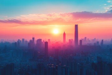 Fototapeta premium City skyline during sunset with a colorful sky