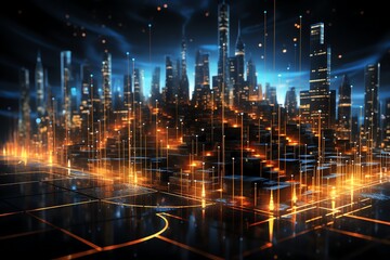 Fototapeta premium Futuristic cityscape at night with glowing digital connections.
