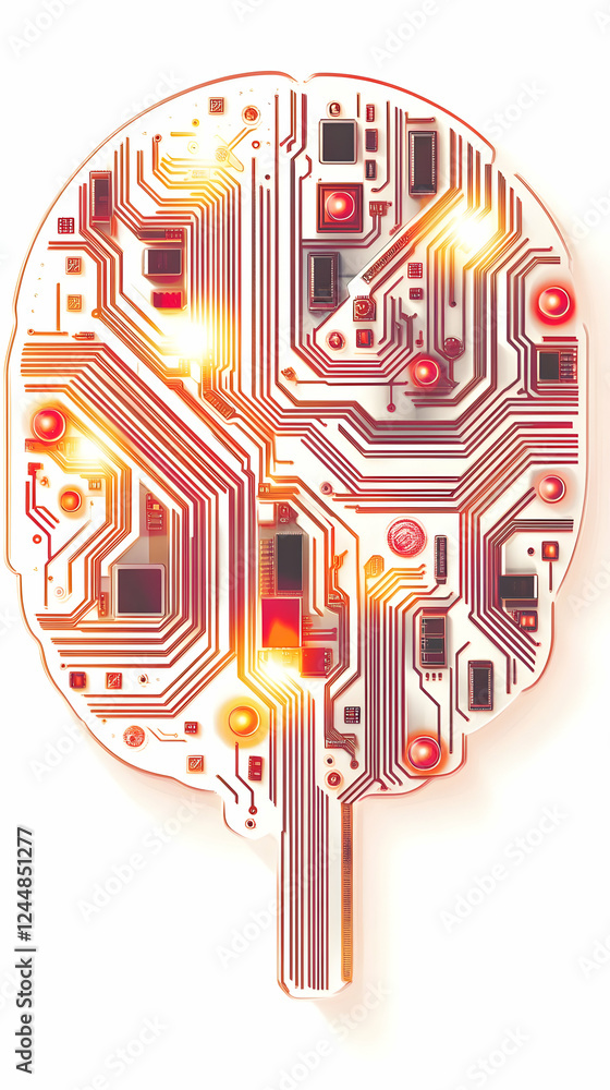 Poster circuit board brain illustration symbolizes technology and innovation integrates with artificial int