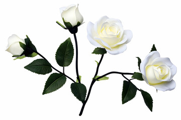 Three Artificial White Roses Bloom Elegantly on a Stem with Green Leaves Gracefully on a White Background.