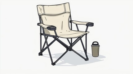 A comfortable folding chair beside a beverage container ready for outdoor relaxation and leisure activities. Isolated on white background