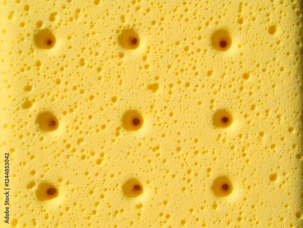 Poster close-up of yellow porous material shows texture with large and small holes evenly distributed.