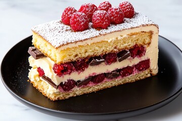 A layered cake with raspberries and chocolate, dusted with powdered sugar.