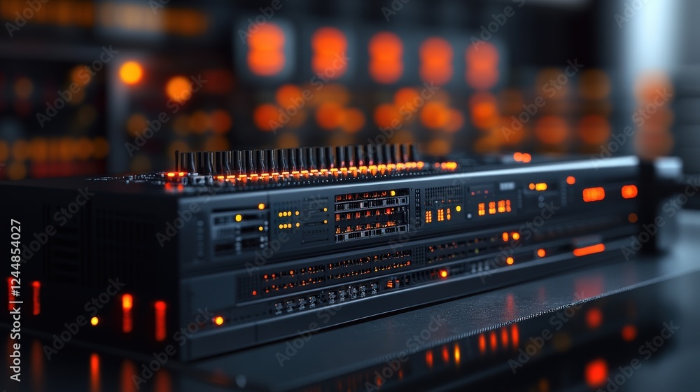 Poster close-up of a modern audio mixing console with vibrant orange lights in a studio setting