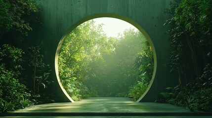 Moon Gate Garden Path, a circular entrance leading to a serene courtyard, surrounded by greenery, featuring a minimalist design and open, uncluttered space for tranquility.