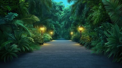 Obraz premium Tranquil Pathway in Lush Jungle with Street Lamps