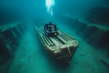 Sunken shipwreck underwater surrounded by deep blue ocean