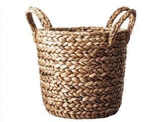 This woven storage basket showcases natural materials and a stylish design for home organization and decor purposes. Isolated on white background