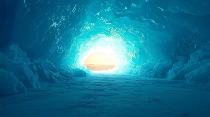 Fototapeta premium Sapphire Glacial Passage, an enchanting ice-encased corridor in a frozen realm, showcasing striking blue hues, minimalist design, and an expansive serene atmosphere.
