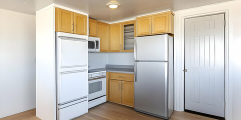 Fototapeta premium Compact Kitchen Features Wood Cabinets, White Appliances, and Laminate Flooring Efficiently Arranged