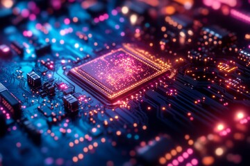 Close-up of a glowing microchip on a futuristic circuit board