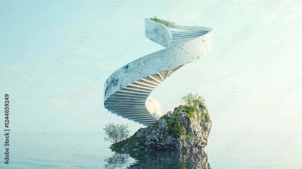 Poster endless ascend, a mesmerizing spiral staircase elegantly twisting around a floating island, featurin
