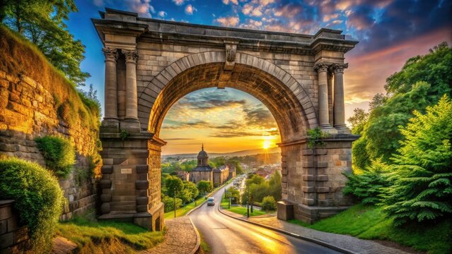 A high-resolution photo showcases a majestic Roman stone arch bridge, its intricate details sharply in focus.
