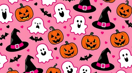 Playful Halloween-themed seamless pattern featuring adorable ghosts, carved pumpkins, bats, and spooky elements on a bright pink background, perfect for textiles and digital designs


