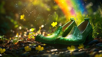 Sparkling Green Shoes Resting Near Rainbow And Clovers