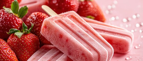 Strawberry popsicles and fresh strawberries on a pink background, evoking a refreshing summer treat.