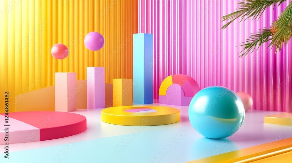 Aufkleber d bars and pie chart graphics in vivid colors, floating in space against a neutral backdrop for a vi