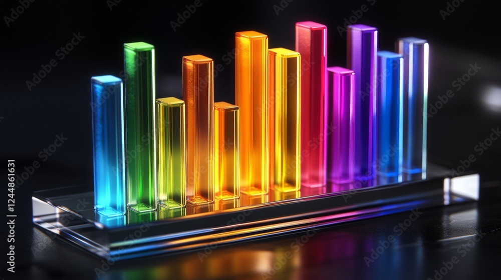 Aufkleber d bar graph with vibrant colors, arranged in ascending order on a transparent glass base, with soft 