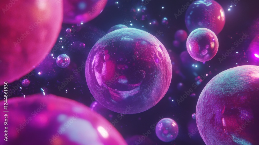 Fototapete d graphic spheres floating in space, with reflections and soft shadows, creating a futuristic and ab