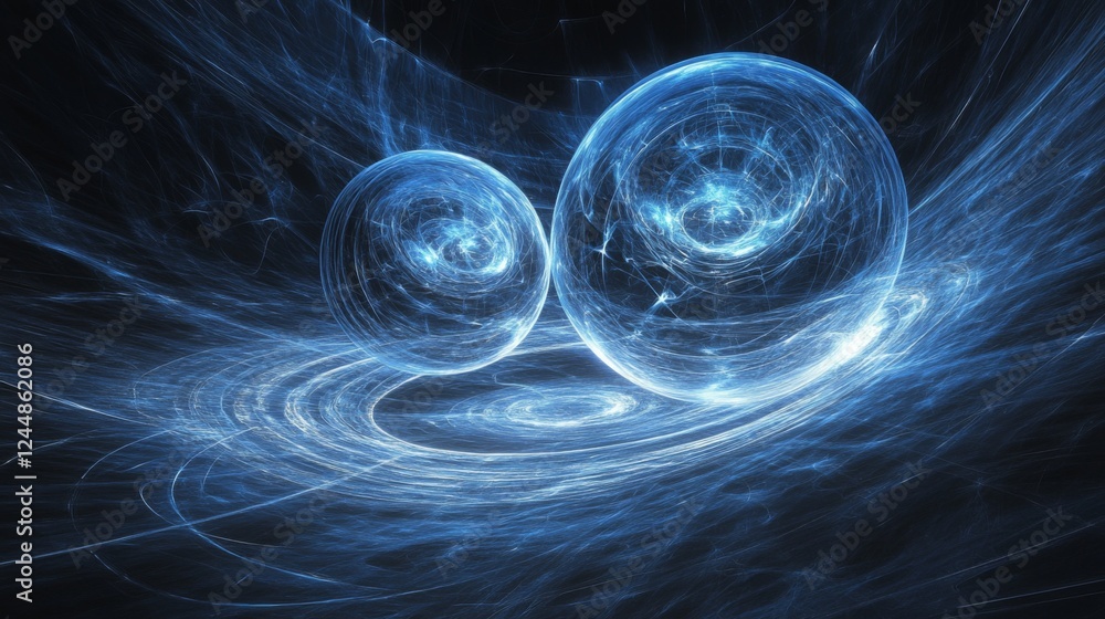 Poster d graphic spheres floating in space, with reflections and soft shadows, creating a futuristic and ab