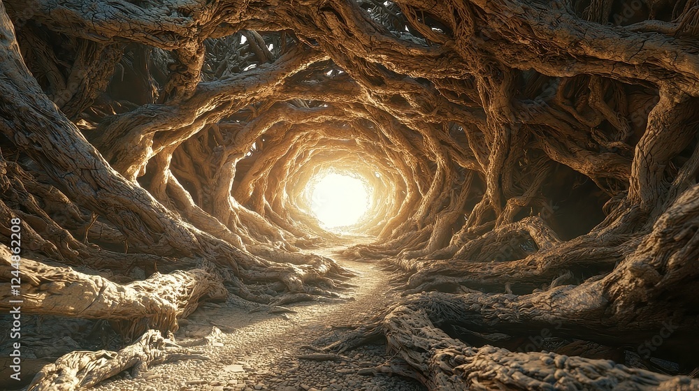 Poster twisting tree tunnel, enchanting passageway of gnarled trees weaving above, creating a serene, minim