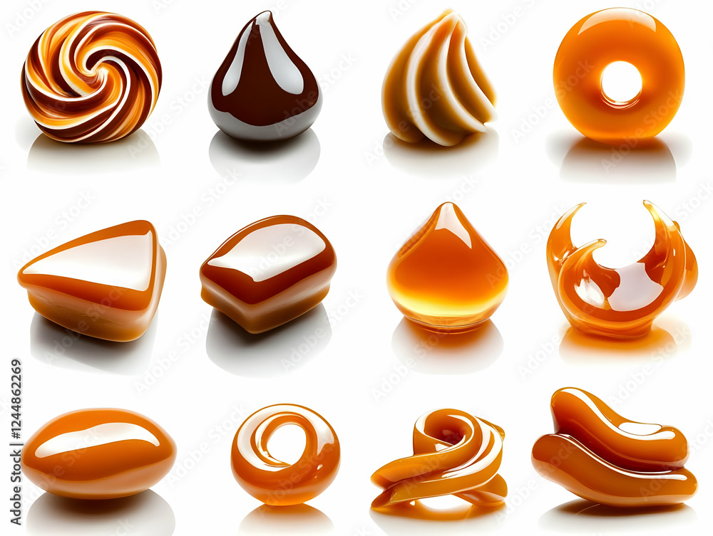 Poster various caramel candies and chocolate drop displayed on white background with reflections