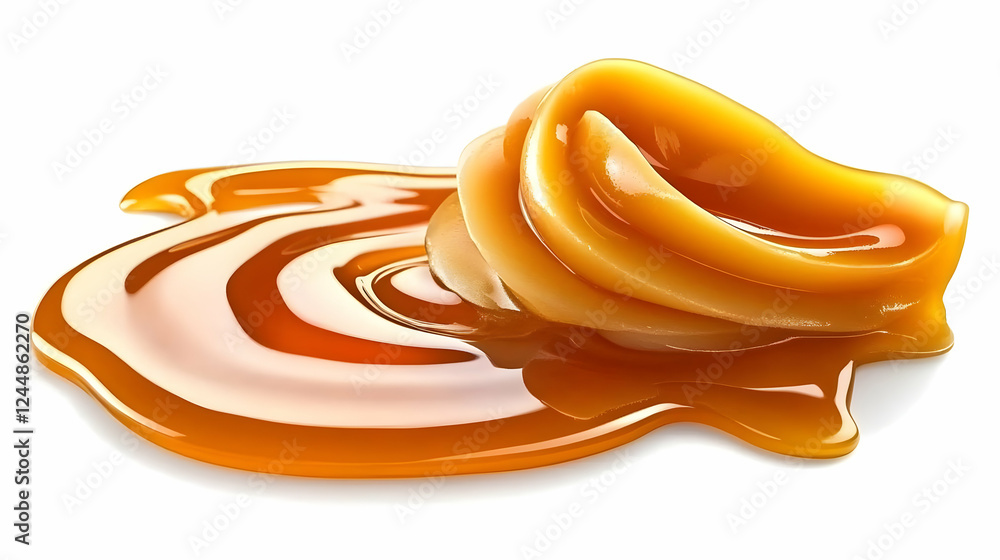 Poster smooth caramel sauce pours onto a white background, creating visually appealing swirls and texture.