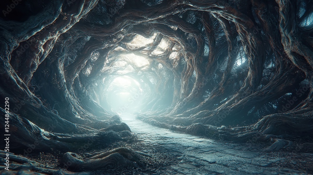 Poster twisting tree tunnel, an enchanting passageway with gnarled branches intertwining above, creating an